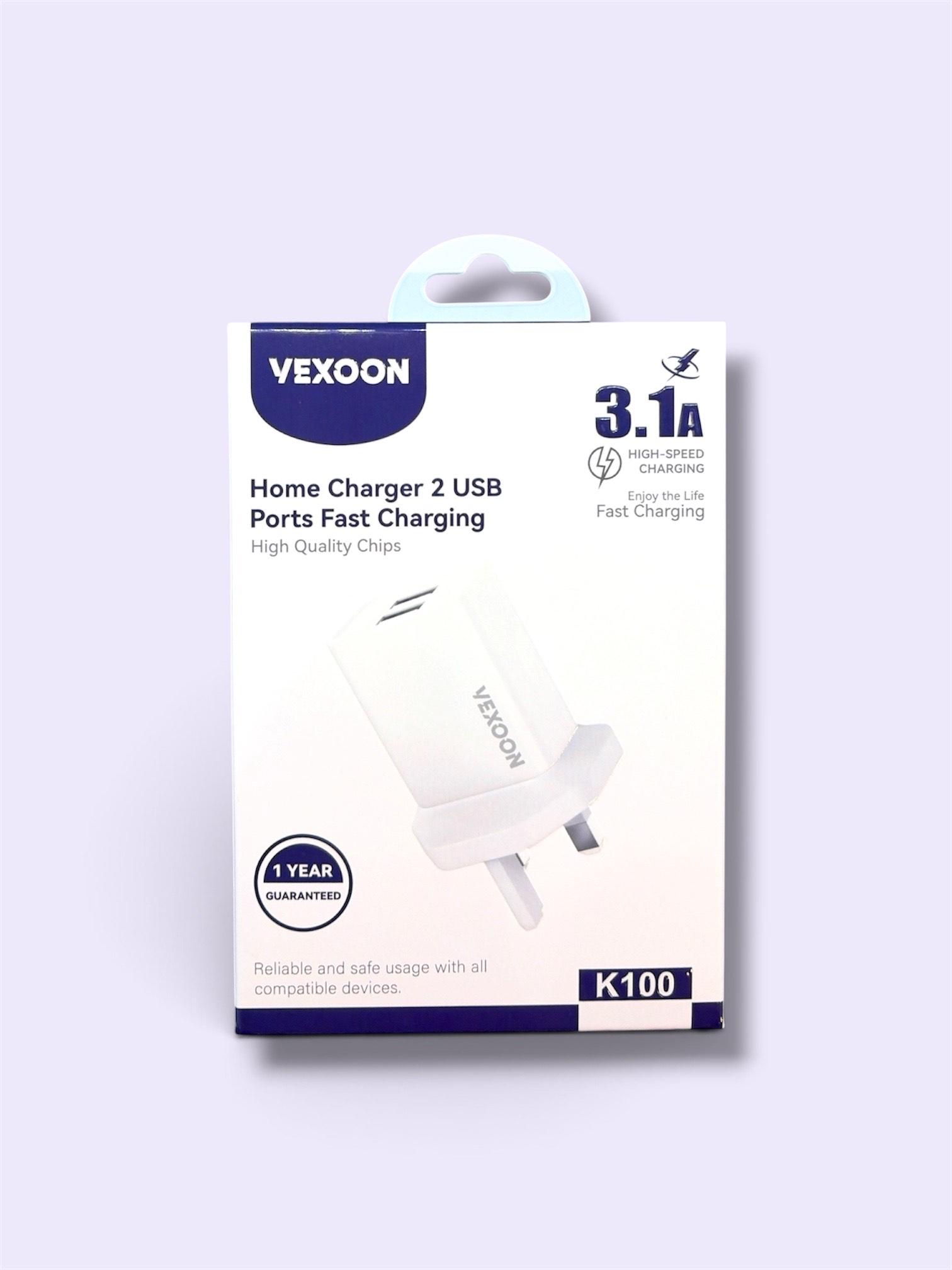 VEXOON K100 Dual USB Port Fast Wall Charger 3.1A (UK Plug)